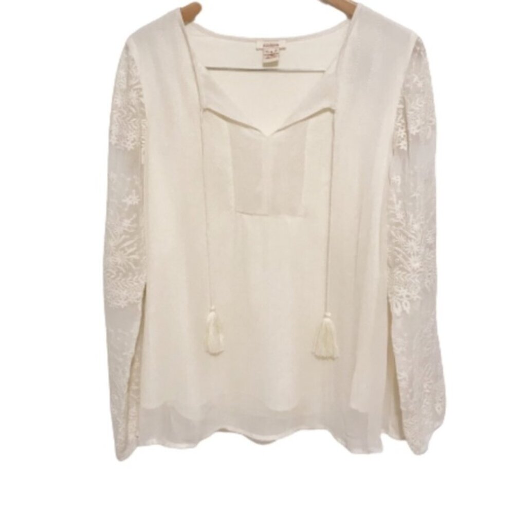 Sundance Embroidered Lace Sleeve Tassel Blouse S